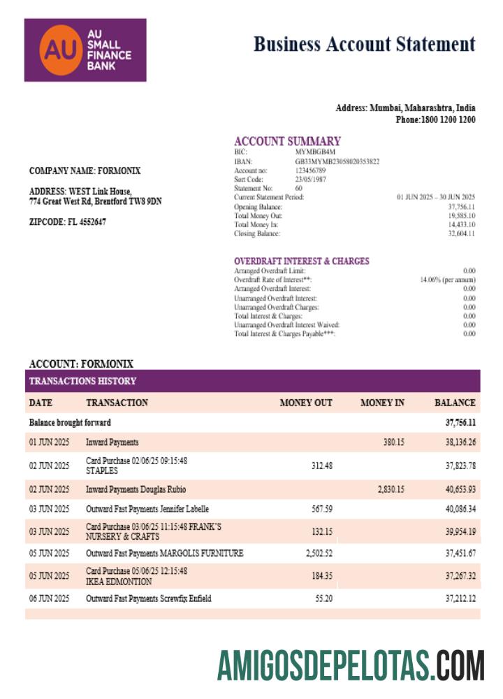 Baixável AU Small Finance Enterprise modelo de extrato de conta Word e PDF